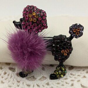 Colorful Rhinestone Poodle Brooch with Purple Fur Pom-Pom